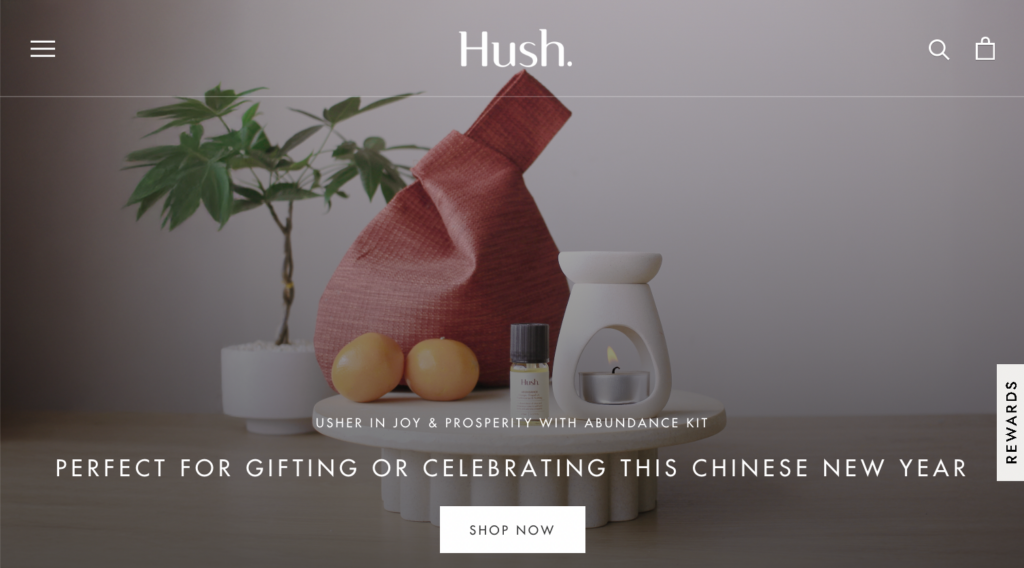 Hush homepage featuring products for gifting or celebrating, including an abundance kit and soy candle with a minimalistic, festive design.